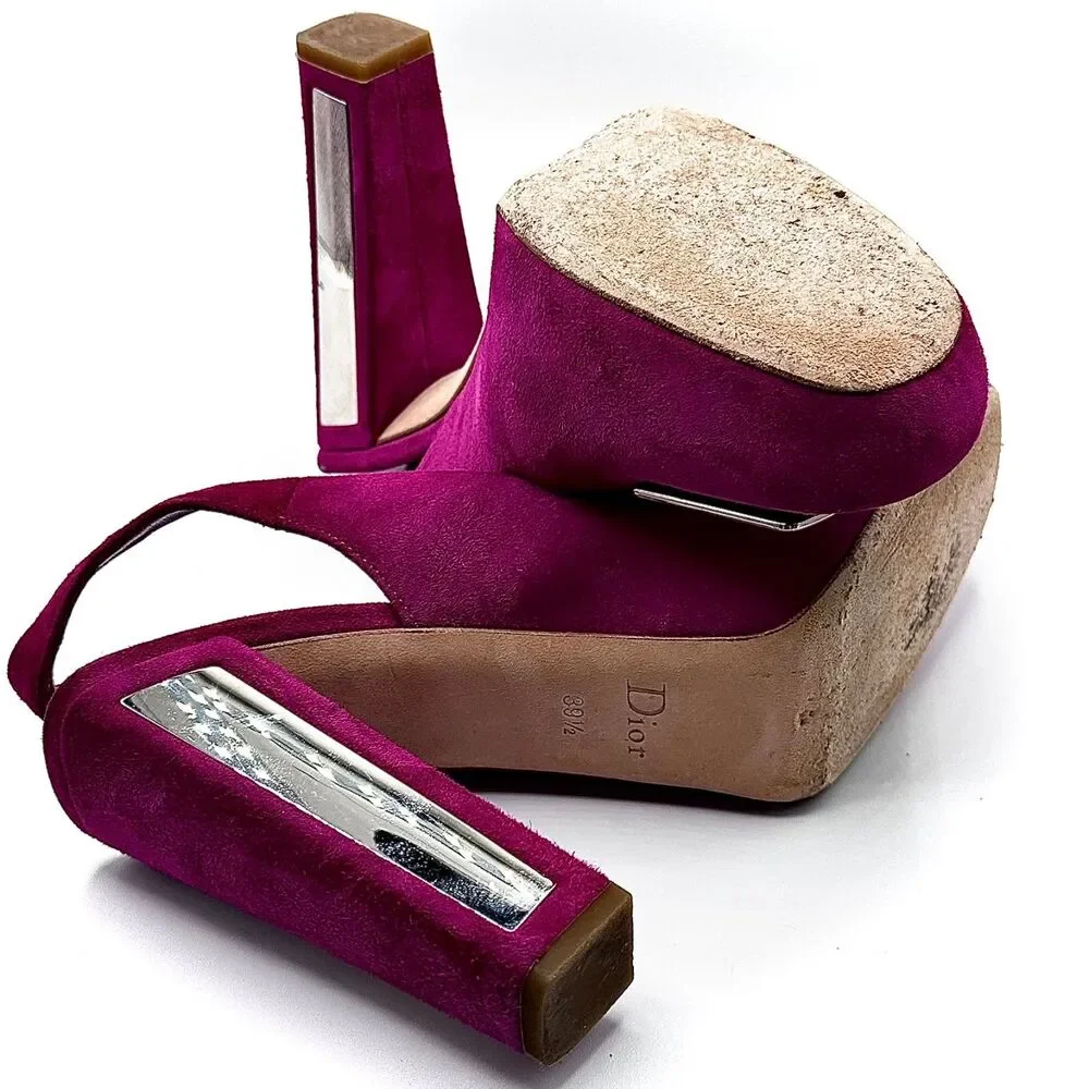 Vintage Christian Dior Suede Magenta Slingback Platform Heels Size 39.5 - Picture 5 of 8